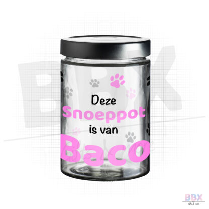 Snoeppot 'Deze snoeppot is van Baco' (Middel) (Zwart met roze) door BBX Gifts & More